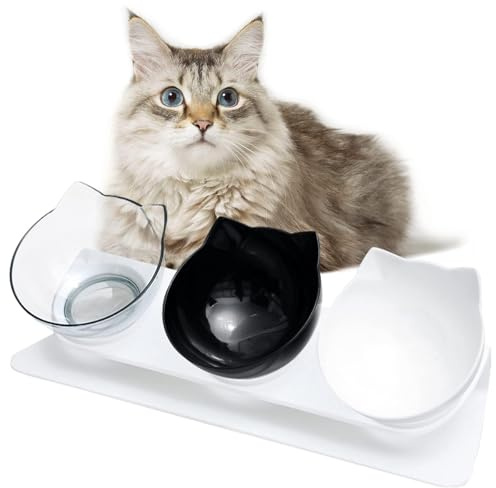 KATLKIU Gamelles surélevées Chat 3 pièces 15° Anti-vomissement – Base antidérapante, Bols Amovibles, Design Oreilles de Chat, pour croquettes/pâtée/Eau, pour Chatons et Chats Adultes(Blanc)