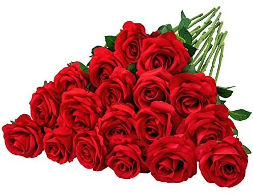 BlueCloudy 16 Pcs Red Roses Artificial Flannel Flowers Fake Plastic Rose Bouquet with Long Stem for Valentines Day Decor Wedding Home Party Table Centerpieces Bridal DIY Floral Arrangment, Red