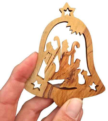 Lunexus Glocke Heilige DREI Könige Olivenholz Christbaumschmuck Weihnachten | Handgefertigter Olivenholz-Anhänger aus Bethlehem. Glockenmotiv mit Heiligen Drei Königen. Gesegnet + Zertifikat.