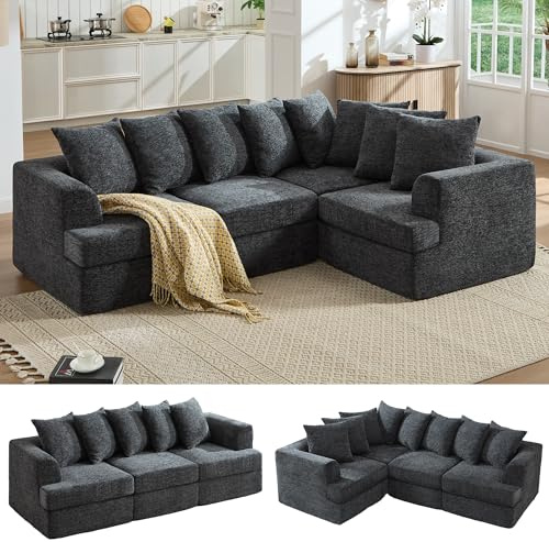LUXOAK 226 cm L-Couch, modulares Chenille Sofa, Cloud-Design, Grau | Werkzeuglose Montage, 48h Erholungszeit, Memory-Schaum Komfort, Pflegeleichter Chenille-Stoff, Doppeltes Federsystem