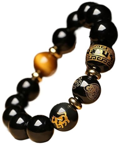 GBASDXU Bracelet Feng Shui Richesse, Amulette en cristal de guérison naturelle en obsidienne noire du zodiaque chinois, année animale (cheval, 10 mm)