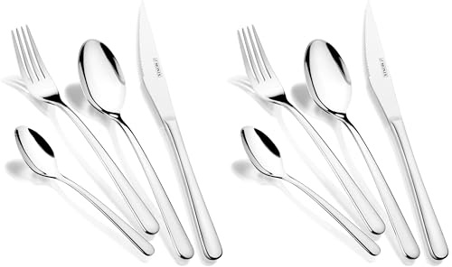 MONIX Pisa | Set de cubiertos de 24 piezas con cuchillo chuletero, acero inoxidable 18/10, diseño contemporaneo, acabado pulido brillante, espesor 3 mm (6 comensales) (Paquete de 2)