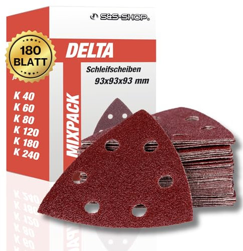 Delta-Schleifdreiecke mit Klett, 180 Blatt, 93 x 93 x 93 mm, 6 Löcher, je 30 x Korn 40-60-80-120-180-240, für Deltaschleifer & Multischleifer, Dreieckschleifer Schleifpapier, Staubabsaugung