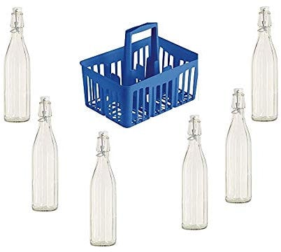 BUYSTAR Cestello portabottiglie 6 Scomparti per Bottiglie da 1lt con Manici + 6 Bottiglie Milly da 1lt in Vetro Cassetta Porta Bottiglie con Bottiglie di Vetro