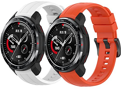 Yikamosi Kompatibel mit Honor Watch GS Pro Armband,Schnellverschluss Weiches Silikon rostfreiem Metallverschluss Ersatzbänder für Honor Watch GS Pro,Weiß + Orangerot