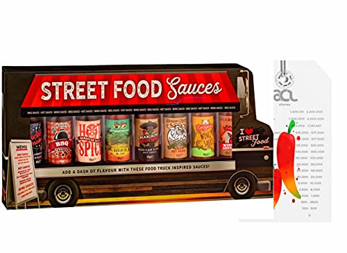Hot Sauce Gift Set - Street Food Sauces Gift Set Van - Hickory, Original, Hot and Spicy BBQ Sauce, Habanero, Mexican, Green Hot Sauce, Louisiana Style, Diablo Wings Sauce & Fun Facts about Chilli Card
