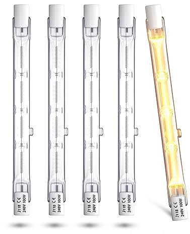 Klarlight 118mm R7S Halogen Leuchtmittel 100W Warmweiß 2800K Halogenstab, 1300LM J118 AC220-240V Linear Halogen Birne, 360° Abstrahlwinkel Halogenlampen für Zuhause, 5 Stück