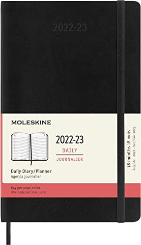 Moleskine - 18 Monate Tagesplaner, Terminkalender 2022/2023, Tagesplaner mit weichem Einband und Gummibandverschluss, Maß Large 13 x 21 cm, Farbe: Schwarz