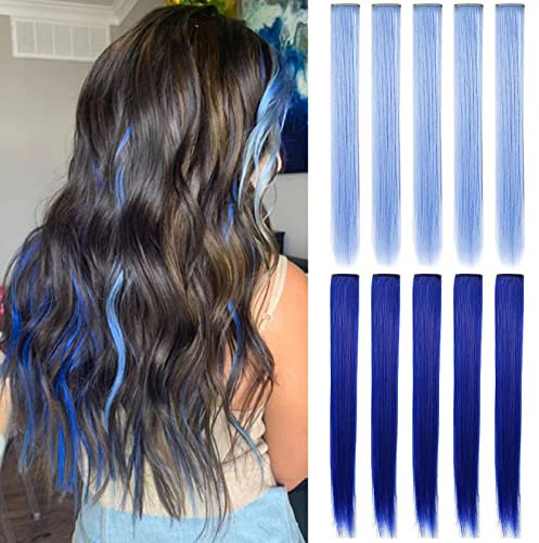 10PCS Haarverlängerungen Perücke Stücke Clip in farbigen Haarverlängerungen für Erwachsene Bunte Haarteile Party Highlights Mehrere Farben(Hellblaues Saphirblau)
