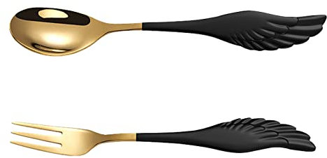 2 Pcs Teaspoons Angel Wing Shaped Cake Fork Spoon Sets Stainless Steel Dessert Spoon Fork Kit for Home Kitchen and Restaurant
