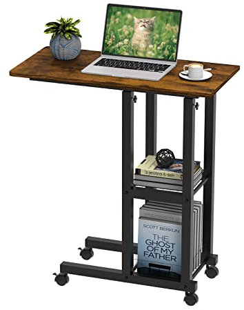 Lvhecforhm C-Form Beistelltisch, Beistelltisch mit Rollen, Mobiler Kaffeetisch, Laptoptisch Höhenverstellbar, Vintagebraun 60x30cm Sofa Beistelltisch, Wohnzimmertisch, Industrie-Design Ablagetisch