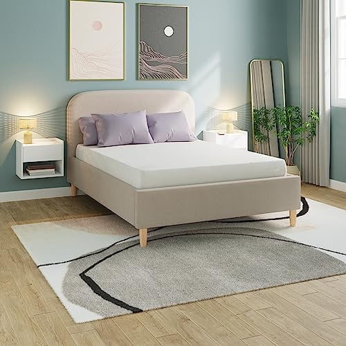 GFW Florence Boucle Ottoman Storage Bed With Gas End Lift Under Bed Storage, Fabric Upholstered Bed Frame With Wooden Legs For Bedroom, Natural Stone, Double Size L105 x W147 x H114cm