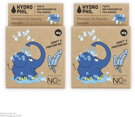 HYDROPHIL - Festes Kinder Shampoo & Dusche - Vegan - Naturkosmetik - Für alle Hauttypen (Duftfrei, 60g (2er Pack))