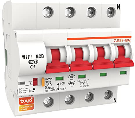 ISTOVO Disyuntor Inteligente Tuya 80A WiFi Disyuntor Inteligente Interruptor AutomáTico Sobrecarga ProteccióN Cortocircuitos (4P)