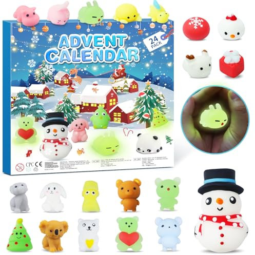 sudatong Adventskalender 2025 für Kinder mit 24 Mochi Squishies, 24 Tage Squishmallow Weihnachts Countdown Kalender mit Verschiedenen Figuren, Christmas Geschenk für Mädchen, Jungen (24 Stück)