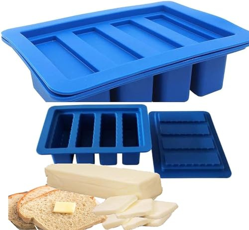 Große Silikon-Butterform mit Deckel für Butterstäbchen und Käsekuchen, Silikon-Butterformen, 4 Mulden (Blau, 1)