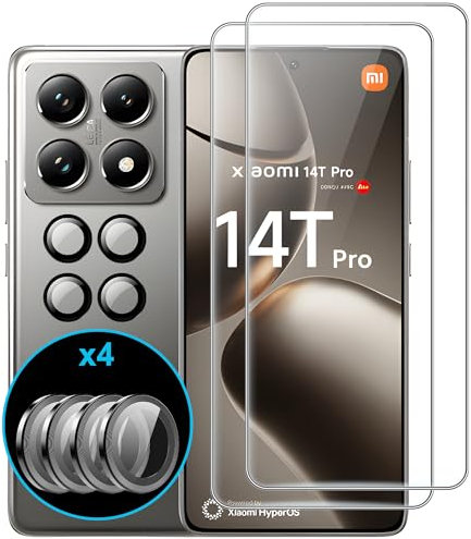 FDHYFGDY 2 Piezas para Xiaomi 14T Pro Cristal Templado, 4 Piezas Película de Vidrio para Cámara, Dureza 9H, Protector de Pantalla Secundario Antiarañazos y Antiburbujas