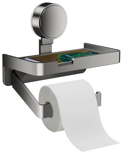 ANMEISH Suction Cup Toilet Roll Holder with Shelf, Toilet Paper Holder Wall Mounted, Grey Aluminium Toilet Tissue Holder for Bathroom Washroom-Rustproof-No Drilling Required