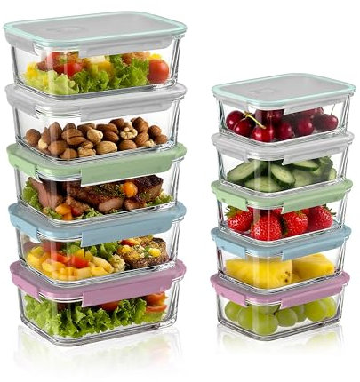 MerryNine 10pcs Lunch Boxes, 1040ml & 370ml Glass Containers with Lids, Kitchen Storage & Organisation, Pyrex Dish with Lid, Meal Prep Containers Reusable, Fridge Organisers, Food Storage Containers