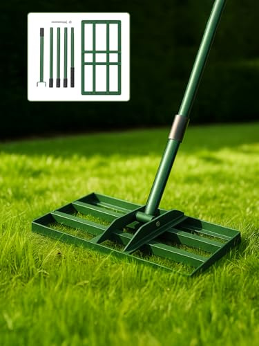 GROWNEER Handy Lawn Levelling Rake 75 x 25 x 190cm, Rasenrechen Garden Grass Squeegee Sand Rakel Tool Scarifier with Long Handle Metal Rasen RechenRakel for Yard, Golf Course (Green 75*25*190cm)