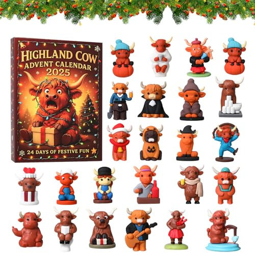 24 Tage Hochland-Kuh-Adventskalender 2025, 2D/3D Hochland-Kuh-Ornamente Adventskalender, mit 24 verschiedenen Mini Hochland-Kuh-Ornamenten, süßes Feiertagsdekor Geschenk (Kunstharz 3D)