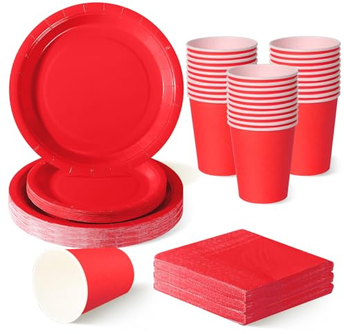 ZblPyro 120 Piezas Rojo vajilla desechable cumpleaños para 30 Invitados | 18 y 23 cm platos carton, vasos de papel, servilletas, San Valentín, aniversario, Nochebuena.