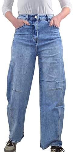 Jewelly Pantalones vaqueros de barril, pierna ancha, corte corto, largo regular, holgado, vaquero elástico, cintura alta, estilo mom