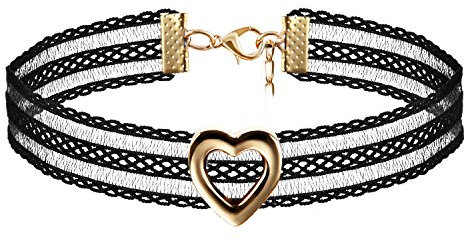 JewelryWe Schmuck Damen Choker Kette Kropfband Set schwarz mit Herz Anhänger Gold, Gothic Tattoo Stretch Samt Spitze Joker Halskette Halsband Lolita Sexy für Junge Frau und Mädel