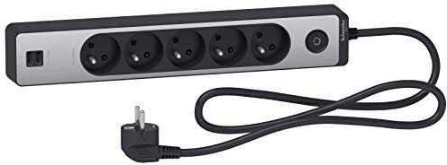 Zenitech SC5ST935U1BA Rallonge multiprises 5 Prises 2P Finition brossé 2 USB, Noir Anthracite et Aluminium, Câble 1,5m
