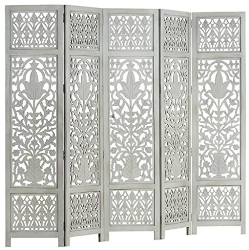 vidaXL Mangoholz Massiv Raumteiler 5-TLG. Handgeschnitzt Klappbar Trennwand Paravent Umkleide Sichtschutz Spanische Wand Grau 200x165cm