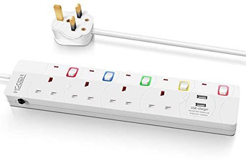 Mscien 5M Extension Lead with USB Slots,Power Strip 4 Way 2 USB with Individual Switches,Mountable Extension Socket 5 Meters Extension cable