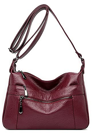 Womens Leather Crossbody Bags Multi Pocket Soft Ladies Leather Shoulder Handbag Lightweight with Adjustable Shoulder Strap