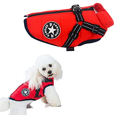 Tineer Haustier-Wintermantel mit Geschirr für kleine mittelgroße Hunde, wasserdichtes Fleece-Baumwollfutter, warme Haustierjacke, Kostüm für kaltes Wetter (4XL, Rot)