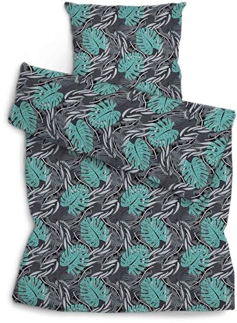 Amilian Bettwäsche Set 2-teilig 135x200 cm + 80x80 cm - 100% Baumwolle, weich, pflegeleicht, für Kinder; Jugendliche; Erwachsene - modernes Design - Monstera Türkis Schwarz