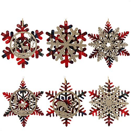 com-four® 6X Tannenbaumschmuck Holz-Anhänger Set - Weihnachtsbaumschmuck zum Dekorieren - Christbaumschmuck im Schneeflockendesign