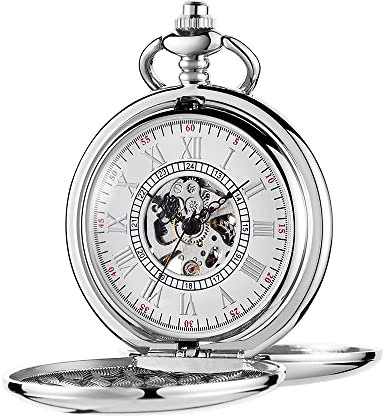 Vintage Doppel-Jäger-Taschenuhr mit Kette, glatter Stahl, mechanische Steampunk-Ziffern, Taschenuhr und Geschenkbox, für Herren, tolles Geschenk