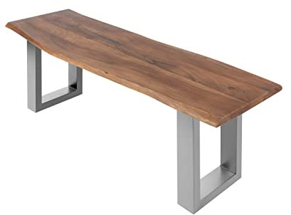 SAM Esszimmerbank 140x42 cm Chicago, Akazienholz nussbaumfarben, Massive Holzbank mit echter Baumkante, Baumkantenbank mit U-Gestell Silber, Sitzbank mit 26 mm Platte