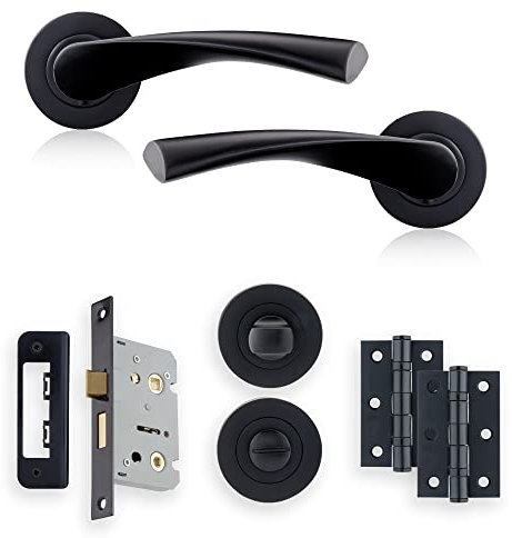 XFORT Matt Black Warped Lever On Rose Bathroom Pack, with Ball Bearing Hinges, Thumbturn Release and A Bathroom Lock, Ideal for Internal Wooden Doors for Home and Office.