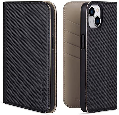VISOUL iPhone 14 Plus Hülle, Handyhülle Carbon Leder RFID Schutz Schützt vor Stoß Standfunktion Kartenfach Magnet TPU Handytasche Grau T