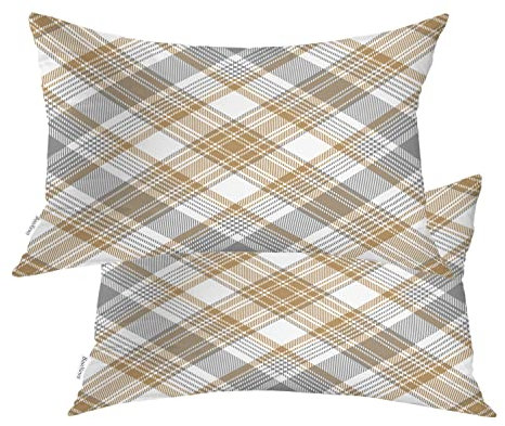 BaoNews Beige Plaid Platinum Throw Pillow Covers,Gold Tartan Diagonal Gray Abstract Cushion Cover Digital Blended Hidden Zipperl Decorative Pillowcases for Hair Skin Lumbar 12X20 IN 2 Pcs