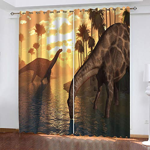 Cortinas Opacas Cortas Salon Dormitorio Modernas para Ventanas Dinosaurio del Bosque Al Anochecer Estampadas 2 Piezas con Ojales 140X160Cm Cortinas Opacas Termicas Aislantes Frio Y Calor Infantil Juv