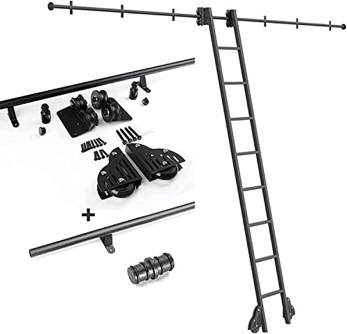 Rolling Ladder Track Sliding Barn Door Hardware Kit ， Black Round Tube Mobile Ladder Rail 3.3-20ft With Floor Roller Wheels，for Library/home/indoor/loft (Size : 16ft/500cm Track kit)