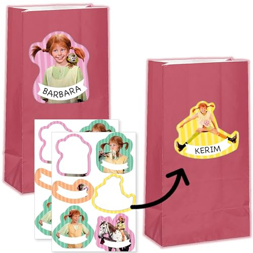 12 Partytüten + 12 Namensschilder für Mitgebsel zum Kindergeburtstag und Mottoparty | DIY, zum selber bekleben | Geschenktüten Mitgebseltüten Tüten Kinder Geburtstag, Edition: Pippi Langstrumpf