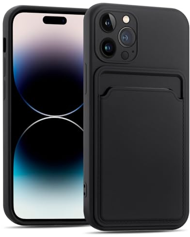 CoolGadget Handyhülle mit Kartenfach für iPhone 14 Pro Schwarz | Silikon Case mit Kartenhalter auf der Rückseite, stoßfest, erhöhter Kameraschutz, dünn