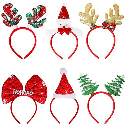 AWCIGG Lot de 6 Pièces Serre-Têtes Noël, Bandeau Noel, Chapeau de Noël Bonhomme de Neige Arbre de Noël Serre-Tête en Bois de Renne pour Femme Adultes et Enfants, Accessoires pour Les Fêtes de Noël