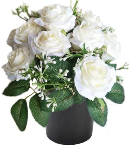 ALNIYATX Lot de 12 roses artificielles en pot pour tombe - Idéales pour cimetière et décorations funéraires (blanc)