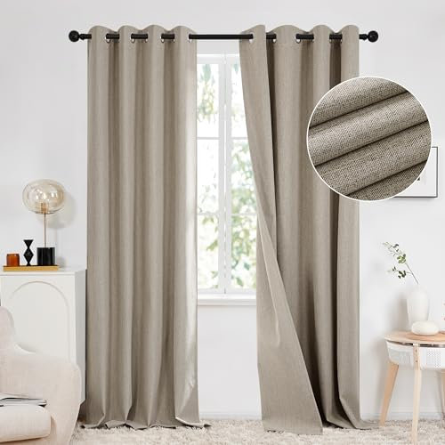 Deconovo 100% Blackout Curtains with Double-sided Faux Linen, Thermal Insulated Eyelet Door Curtains 84 Drop for Living Room, Linen Grey, 52x84 Inch(Width x Length), 2 Panels