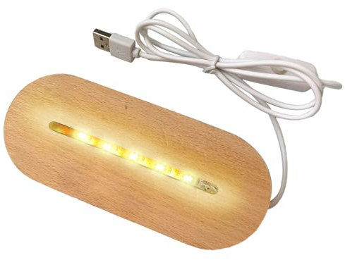 Base ovalada de madera con luces LED, soporte de madera iluminado de 5.7 pulgadas, luz cálida/fría, recargable por USB, para placa acrílica, placa de cristal, adornos de cristal (1 color cálido)