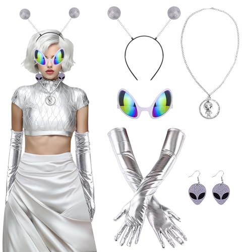 SelfTek Costume d'Extraterrestre 5 Pièces pour Femme - Spatial avec Serre-Tête, Lunettes - pour Halloween, Cosplay, Mascarade, Carnaval