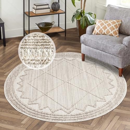 carpet city Kurzflor Teppich Wohnzimmer Beige - 200 cm Rund - Geometrisch, Relief-Optik - Teppiche Modern, Boho für Schlafzimmer, Esszimmer